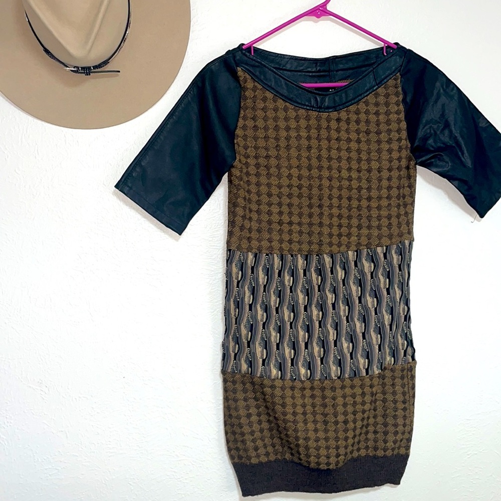 Urban Renewal sweater dress mini black brown textured embroidered leather